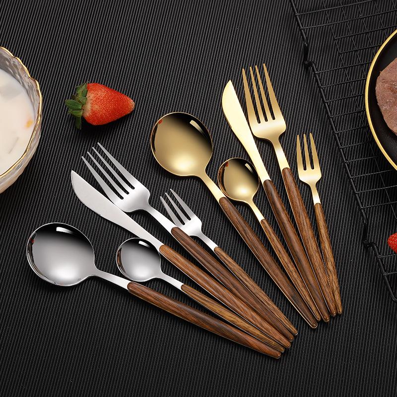 Dinnerware Sets Portuguese Tableware Imitation Wooden Handle Stainless Steel Cutlery Set Home Western Golden Steak Knife And Fork
Dinnerware Sets Portuguese Tableware Imitation Wooden Handle Stainless Steel Cutlery Set Home Western Golden Steak Knife And Fork