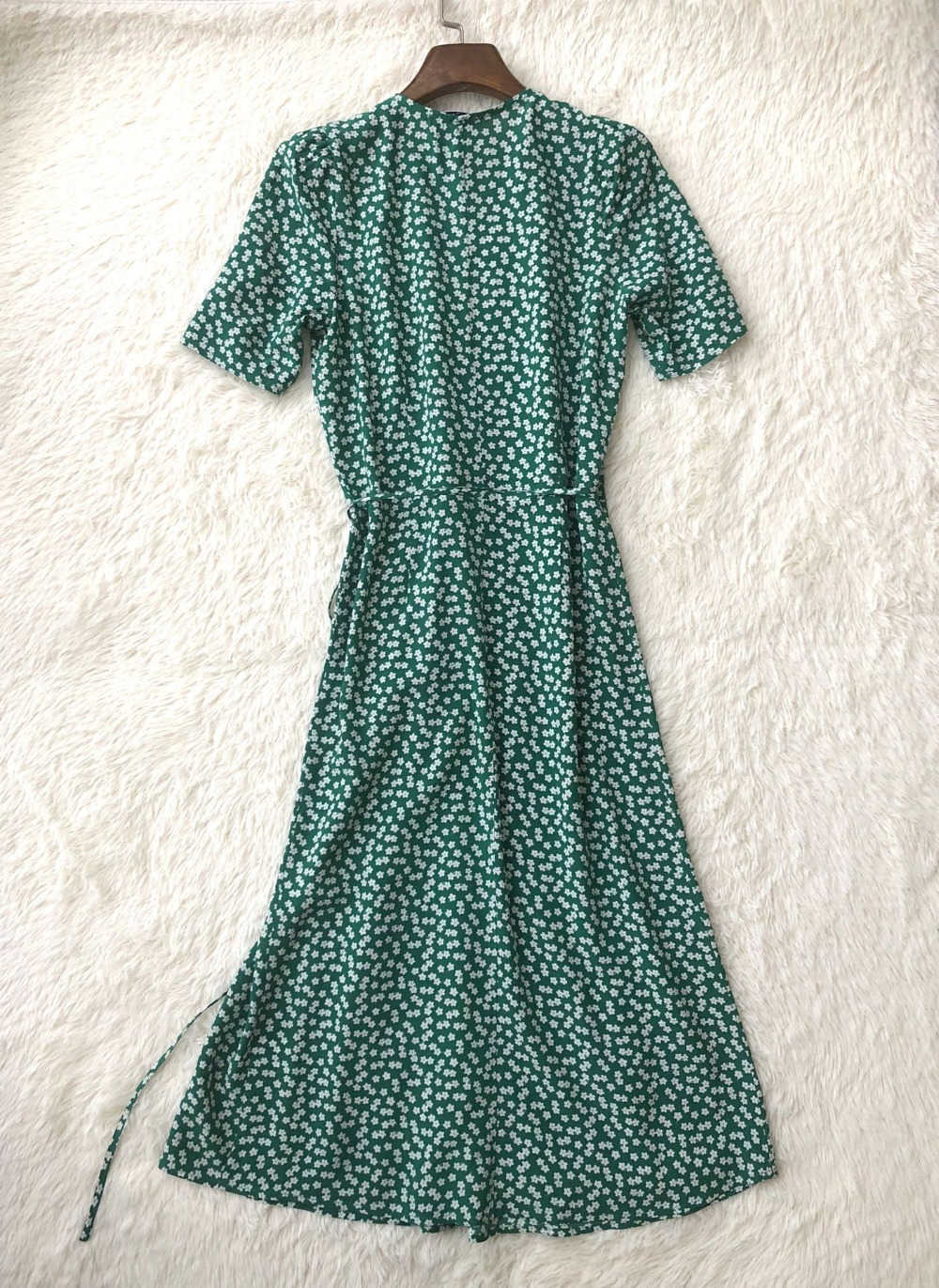 Women Long Wrap Dress Floral Print Short Sleeve Waist Buttons Soft Viscose Sexy Sweet Slim Chic Midi With Belt 210623