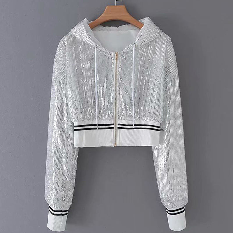 Black silver Women's jacket autumn sunscreen sports hooded jacket sequins pink zipper sweet long sleeve short coat female 210507