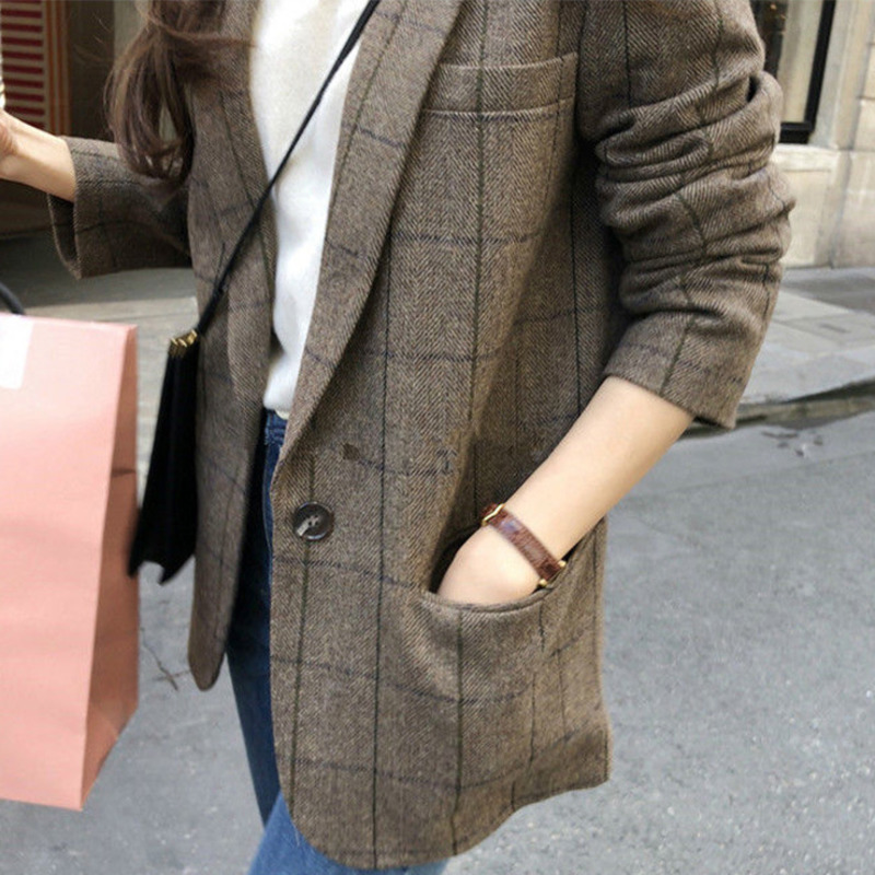 PEONFLY Spring Korean Vintage Plaid Blazers Women Fashion Loose Notched Single Button Blazer Female Casual Coat Blazer Feminino 210330