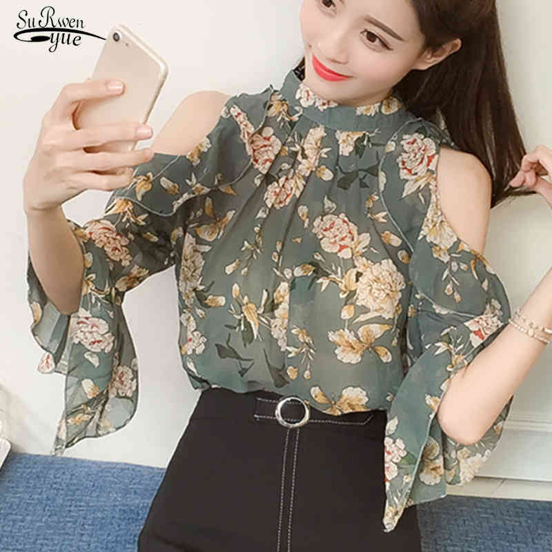 Summer Short-Sleeve Chiffon Shirt Women Casual Floral Pullover Blouse Print Green Pink Lady Off Shoulder Tops 9374 50 210508