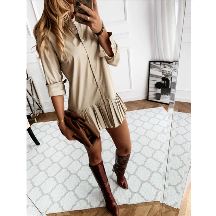 Casual Long Sleeve Shirt Dress Women Elegant Pleated Mini Blose Dresses Plus Size Ladies Clothing S-3XL Ropa 210519