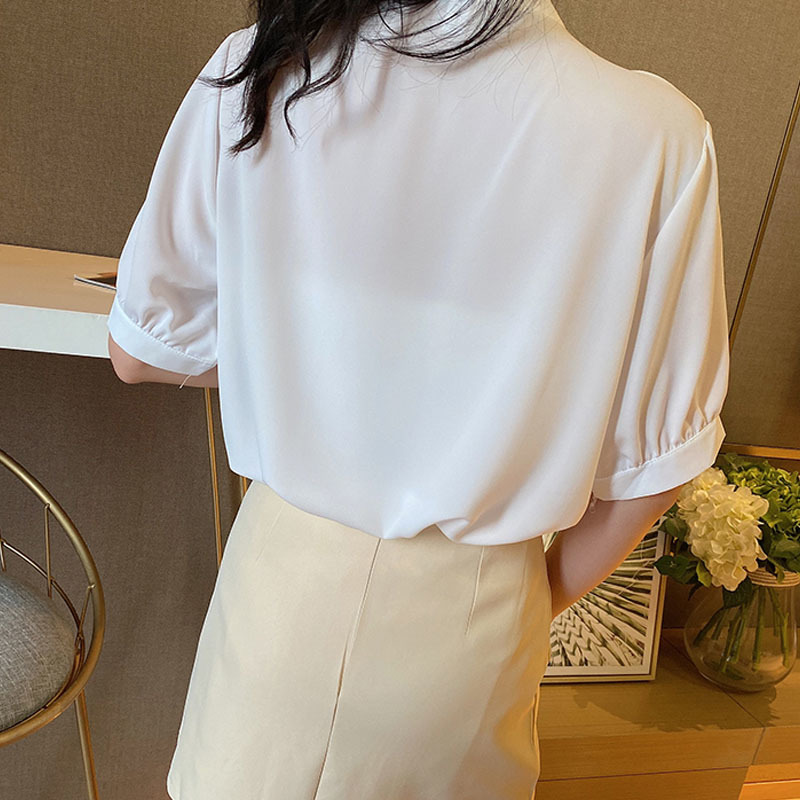 Korea Style Blouse Women Summer Vintage Necktie Sexy V-neck Short Sleeve Woman's Shirt Puff Chiffon 10352 210427