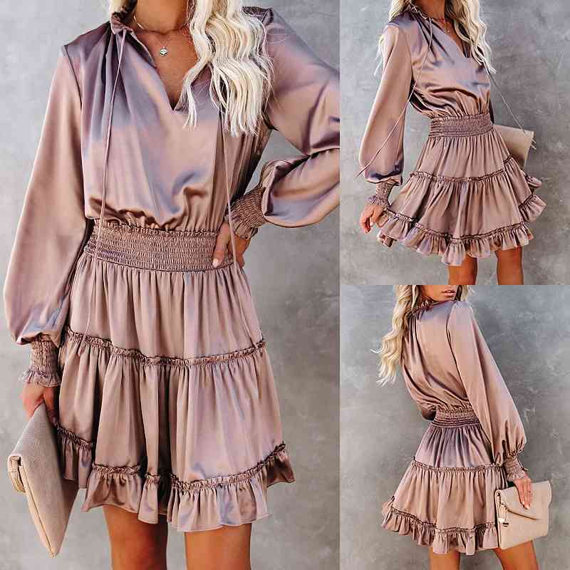 2021 autumn new style V-neck solid color long sleeve waist stitching short dress for women, Picture color
2021 autumn new style V-neck solid color long sleeve waist stitching short dress for women, Picture color