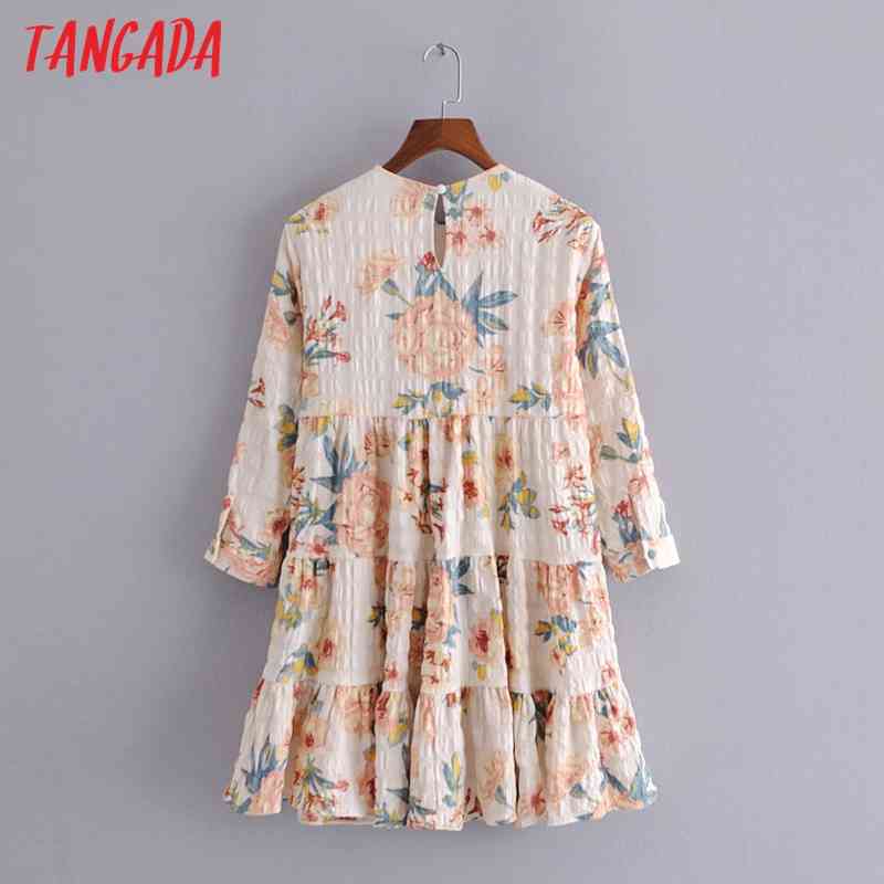 Fashion Women Vintage Flowers Print A-line Long Sleeve Casual Female Short Pleated Dress 3H191 210416