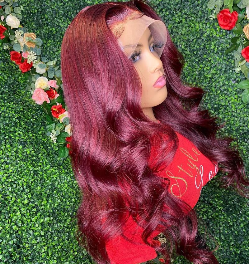 Synthetic Wigs 26Inch 99J Wine Red Color 180%Density Long Body Wave Transparent Lace Front Wig For Women With Baby Hair Heat Ressistant