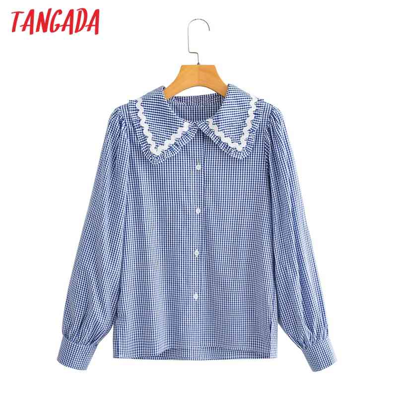 Women Retro Lace Patchwork Blue Plaid Blouse Long Sleeve Chic Female Shirt Tops YI13 210416