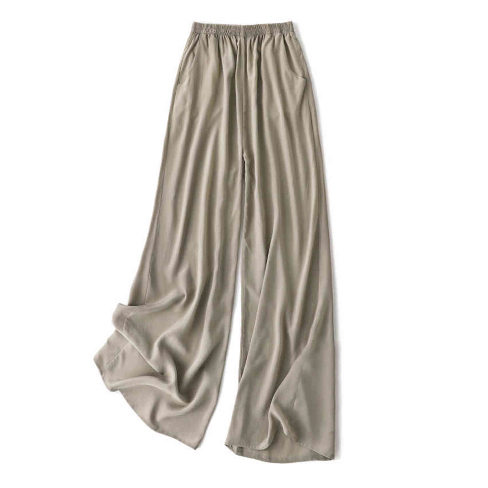 SuyaDream Women Wide Leg Pants 100%Real Silk Solid Elastic Waisted Long Office Lady Spring Summer Trousers Black 211115