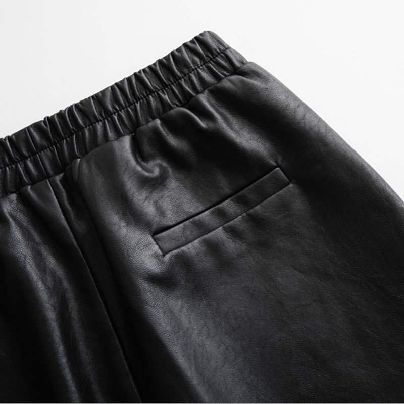 Women Black Faux Suit High Waist Harem Pants Pockets Office Ladies Pu Leather Trousers B0D117N 210416