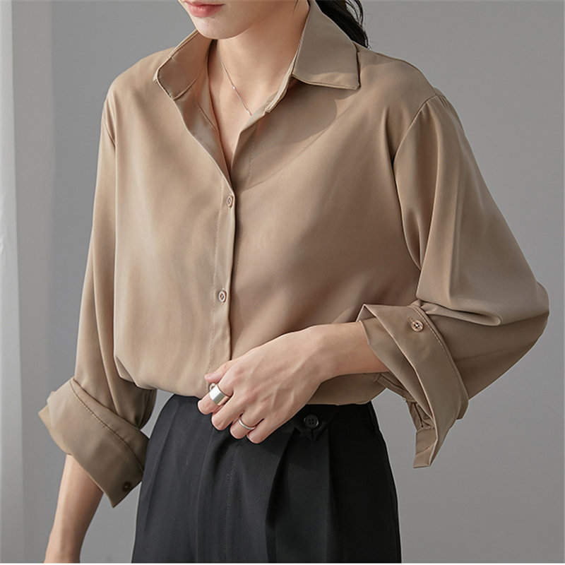 Spring Long Sleeve Shirt Women Fashion Vintage Brief Female Solid Large Size Loose Casual Retro Tops Blouses 210421