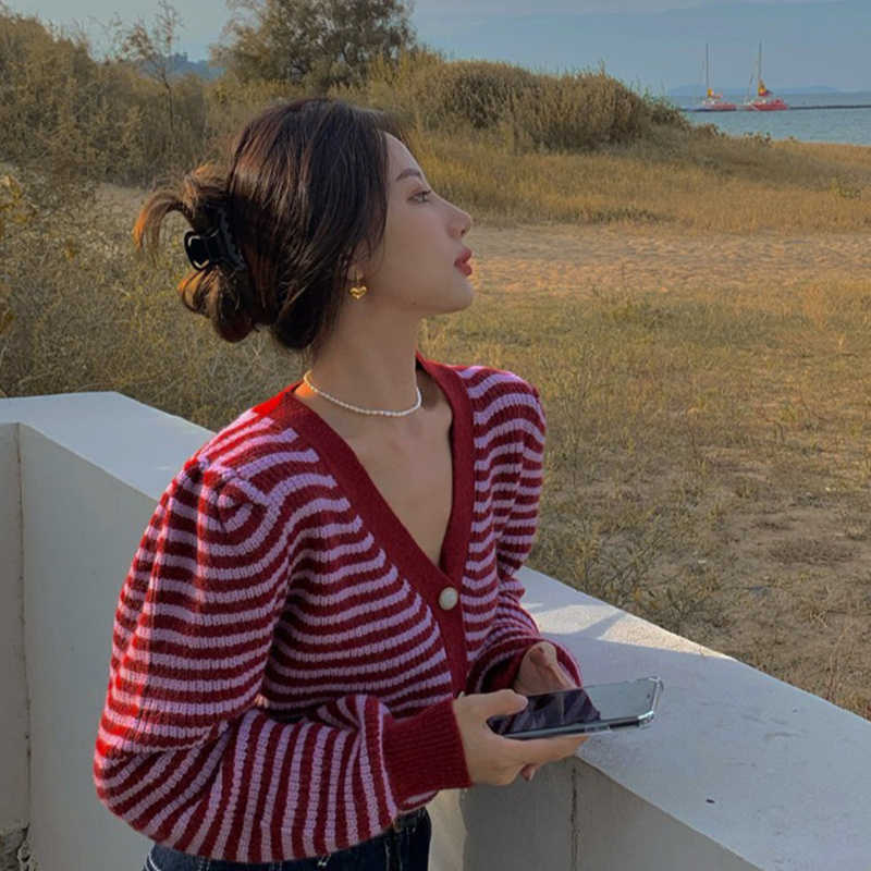 Korean Stripe Cardigan Sweater Causal Puff Long Sleeve V-neck Women Knitted Coat Spring Knitwear Tops 6F113 210603