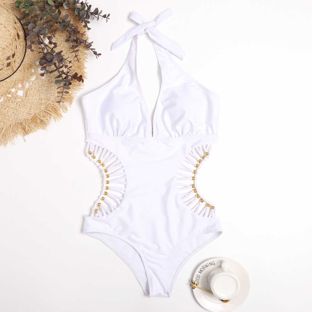 White Swimsuit Women Swimwear Deep V Monokini Bodysuit Backless Bathing Suit Beach Wear High Cut Swim 210625