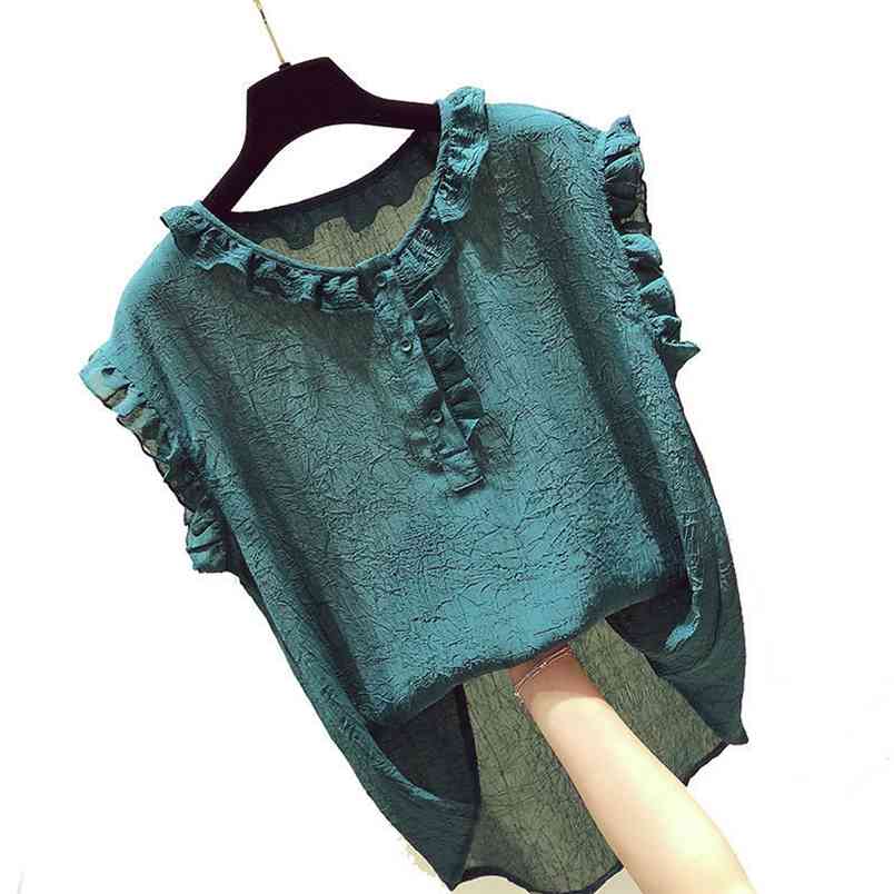 Korea Fashion Summer Women Shirt Plus Size Sweet Cute Sleeveless Chiffon Shirts Ruffles Blouses Female Tops Clothes D26 210512
