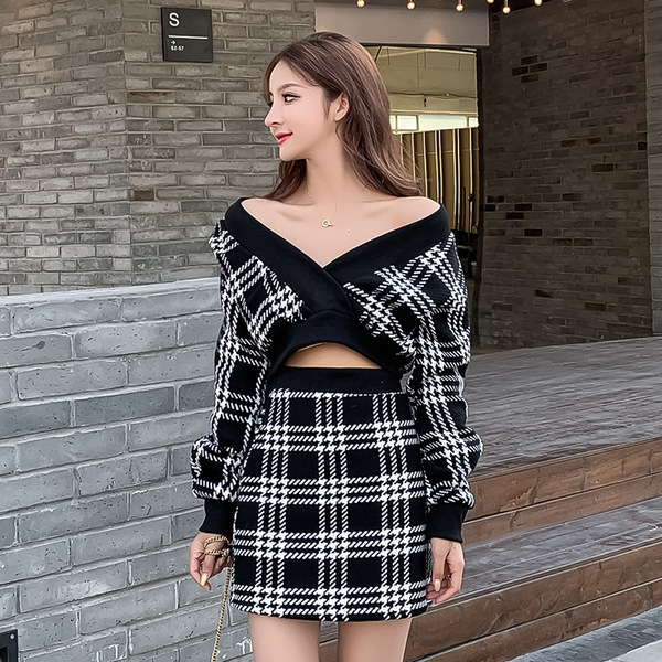 Elegant 2 Piece Outfits Women V Neck Long Sleeve Sweater High Waist Pencil Skirts Korean Fashion Plaid Sets 210506