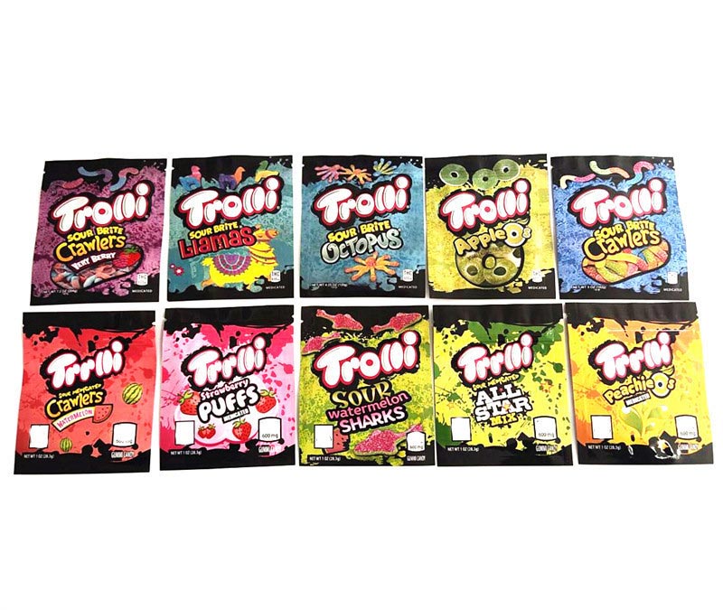 13 types Trolli packaging bag 600mg Edibles sour mylar bags All mix peachie Octopus apple blamas watermelon sharks gummi candy zipper
13 types Trolli packaging bag 600mg Edibles sour mylar bags All mix peachie Octopus apple blamas watermelon sharks gummi candy zipper