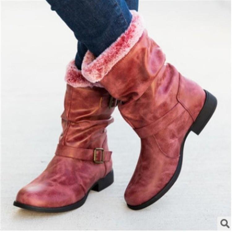 Boots Fashion Women's Snow 2021 Autumn And Winter Low-heeled Round Toe Belt Buckle Mid-tube