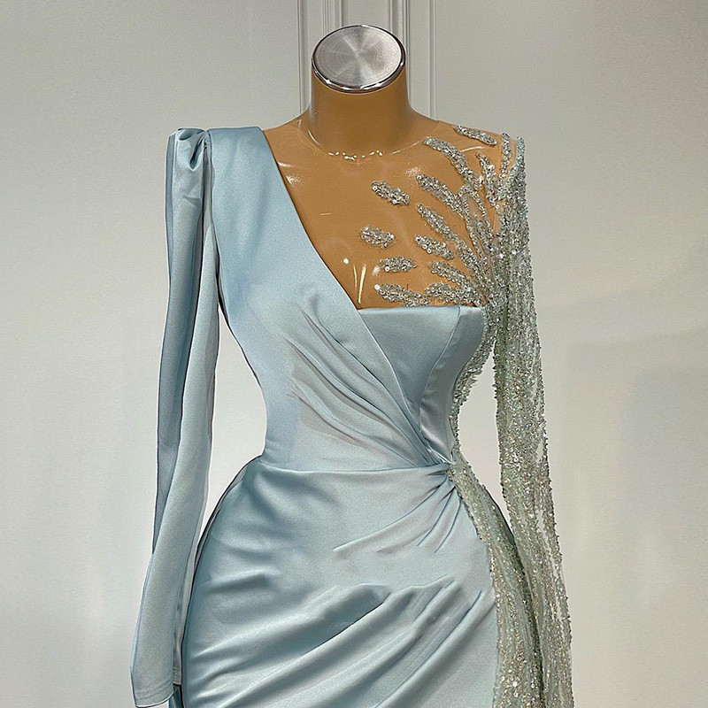 Sky blue Long Sleeve Arabic Evening Dress Elegant Satin Beaded Crystal Luxury Formal Prom Dresses vestidos de cerimonia mulher