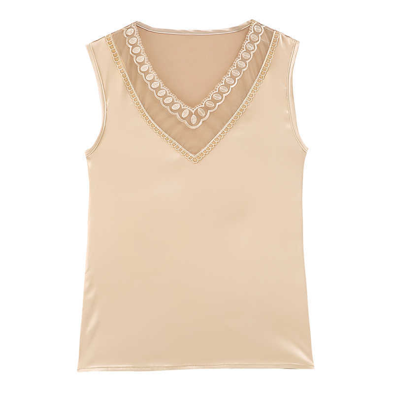 Korean Fashion Satin Women's Blouse Lace Office Lady Vest V-neck Plus Size Embroidered Women Tops Sleeveless Woman Top 210604