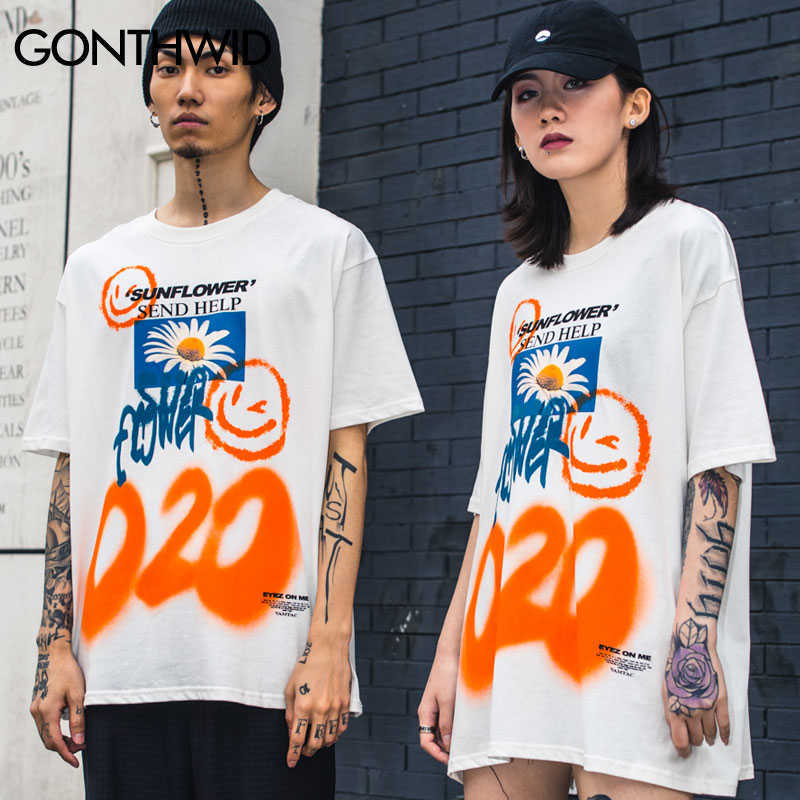 GONTHWID Sunflower Graffiti Face Print Tees Shirts Streetwear Hip Hop Harajuku Casual Tshirts Men Fashion Short Sleeve Tops 210629