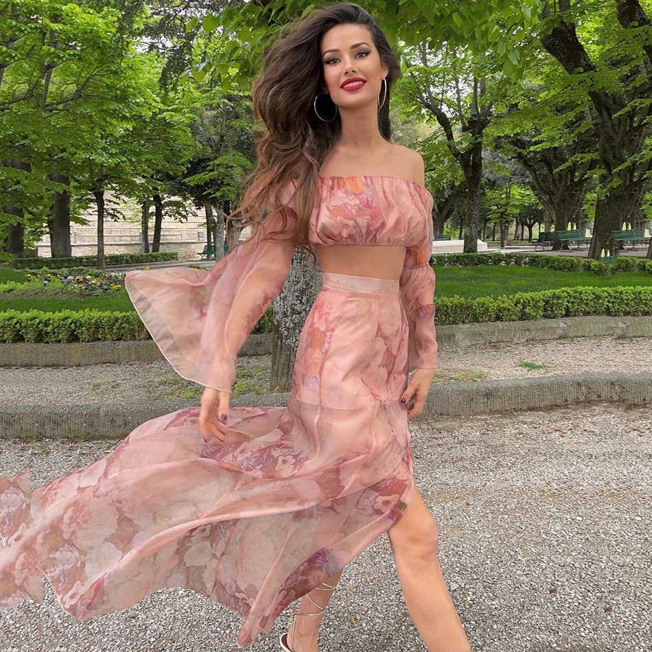 Summer Sexy Print Two-Piece Women'S Off-Shoulder Long Lantern Sleeve Crop Top High Open Skirt Fashion Party Suit 210527