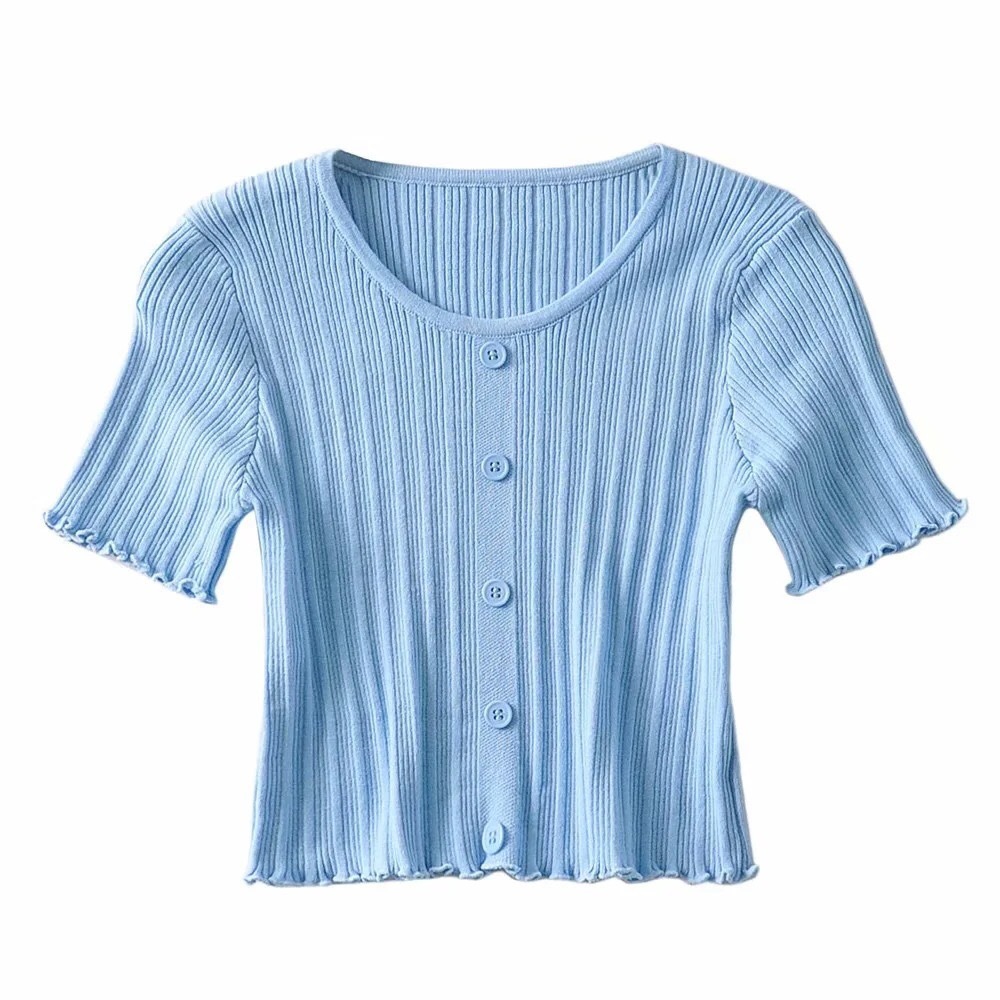 CHIC Korea Sexy Wood ears Buttons O neck Short sleeve Tee Pullover Croptop Women Knitted Tight t shirt Crop Tops Knitwear 210429