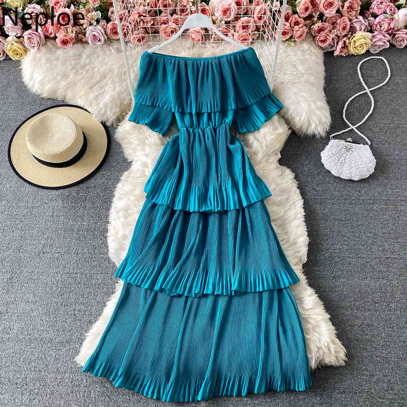 Neploe Women's Dress Slash Neck Pleated Long Vestidos Summer Sweet Ruffles Solid High Street Sexy Off Shoulder Thin Cake Dresses 210422