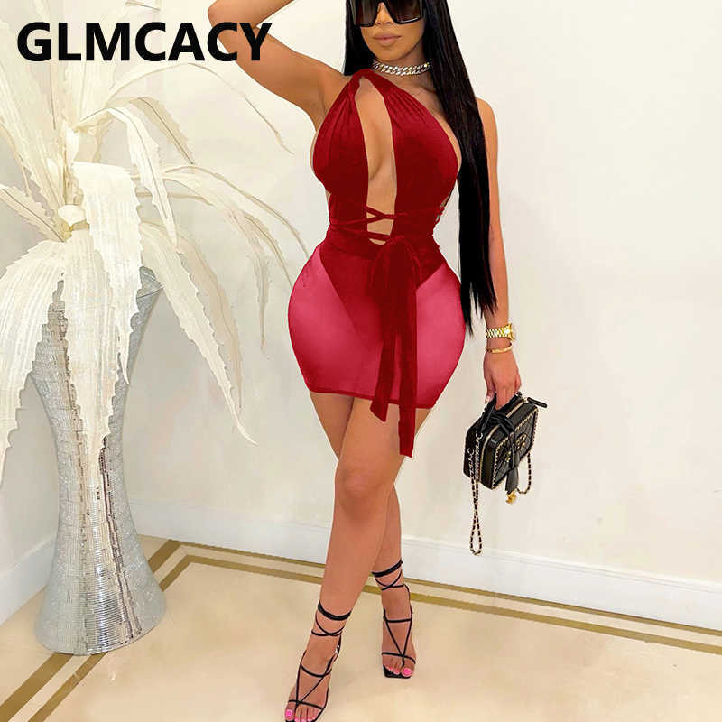 One Shoulder Mesh Insert Bodycon Dress Sexy Summer Party Clubwear 210702
