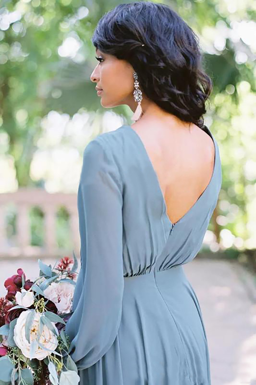 Dusty Blue Country Long Bridesmaid Dresses with Long Sleeve 2021 Retro Chiffon Full length Bohemian Wedding Guest Party Dress