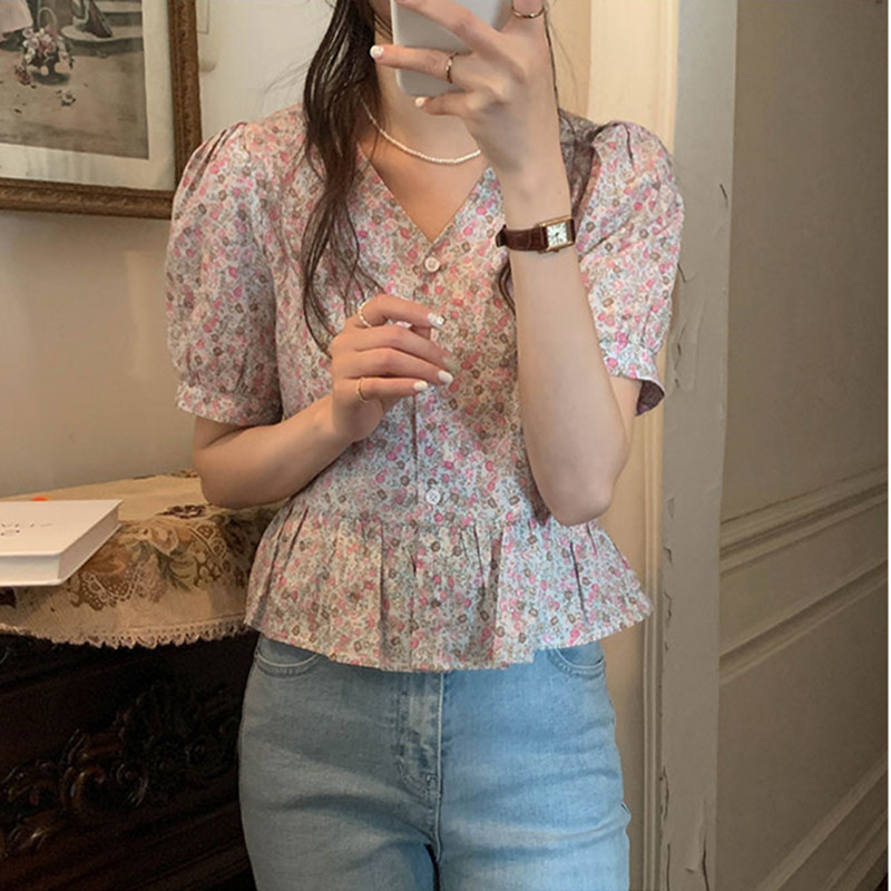 2colors Korean Style V neck Floral Short Sleeve Shirt Summer Vintage Cotton Blouse (X1910) 210423