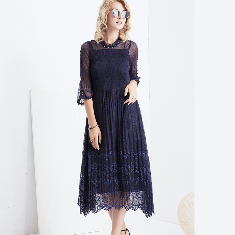 Pleated Yarn Dress For Women Navy Blue Layer Mesh Dresses Large Size Flare Sleeve Femlae Elegant Clothing 2D3925 210526