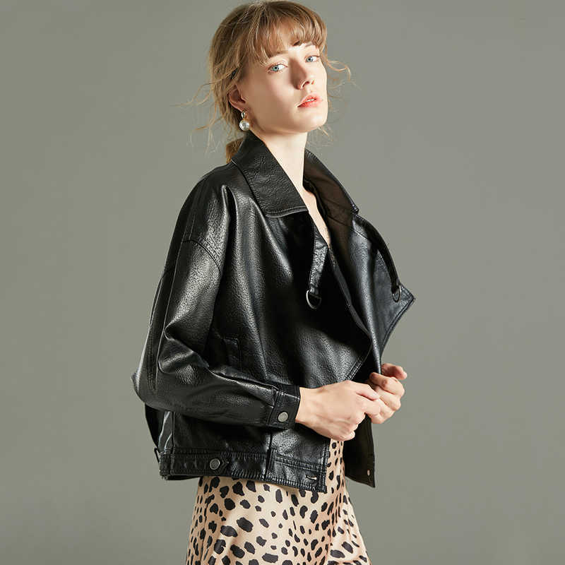 LY VAREY LIN Autumn Women Faux Leather Jacket Loose Turndown Collar Single Breasted Short Coat Pu Red Biker 210526