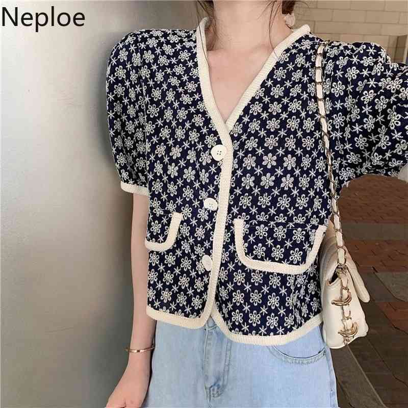 Neploe Vintage Blouses Puff Sleeve Top Women's Elegant Summer Wild Short Blusas Mujer V Neck Single Breasted Chic Buttons Shirts 210422