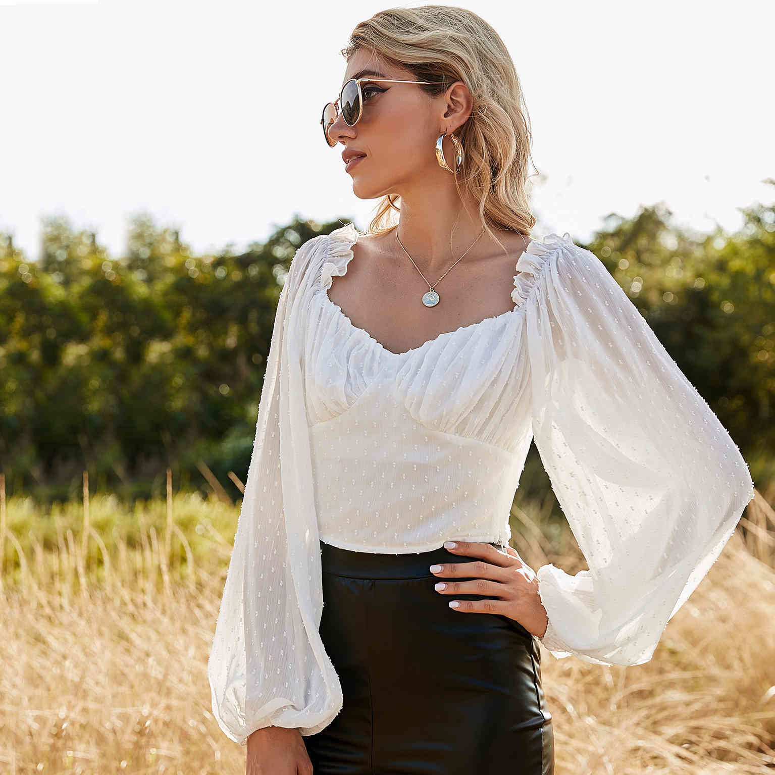 Spring V-Neck Lantern Sleeves Thin Slim White Solid Gauze Casual Pullover Women's Blouse 210524