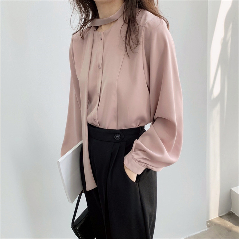 Basic Shirt Women Autumn OL Elegance Chic Chiffon Blouses Long Sleeve Lace Up Bow Collar All Match Loose Shirts 210421