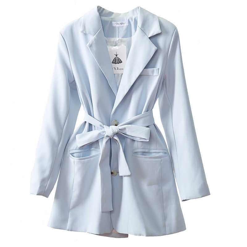 LY VAREY LIN Autumn Winter Women Suit Jackets Tailored Collar Sashes Tie Up Pockets Single Breasted Blue Slim Outerwear 210526
