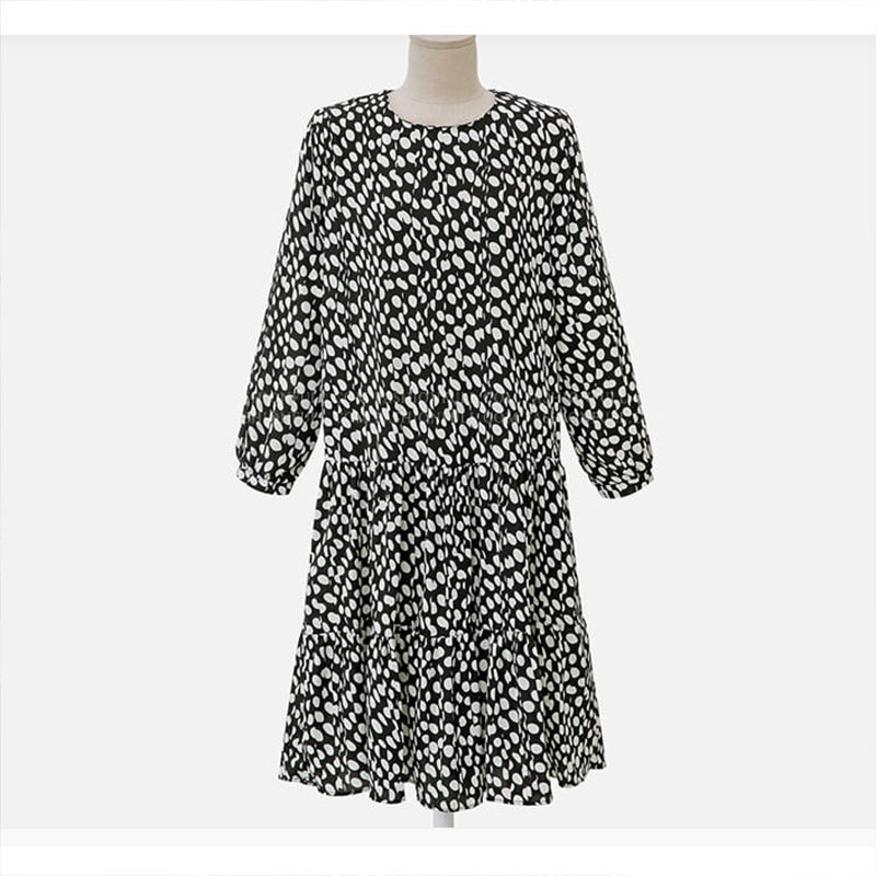 Women Plus Size XL-5XL Ladies Long Sleeve Slim O Neck Shirt Spring Dot Print Robe Lined Dress D0N309N 210416