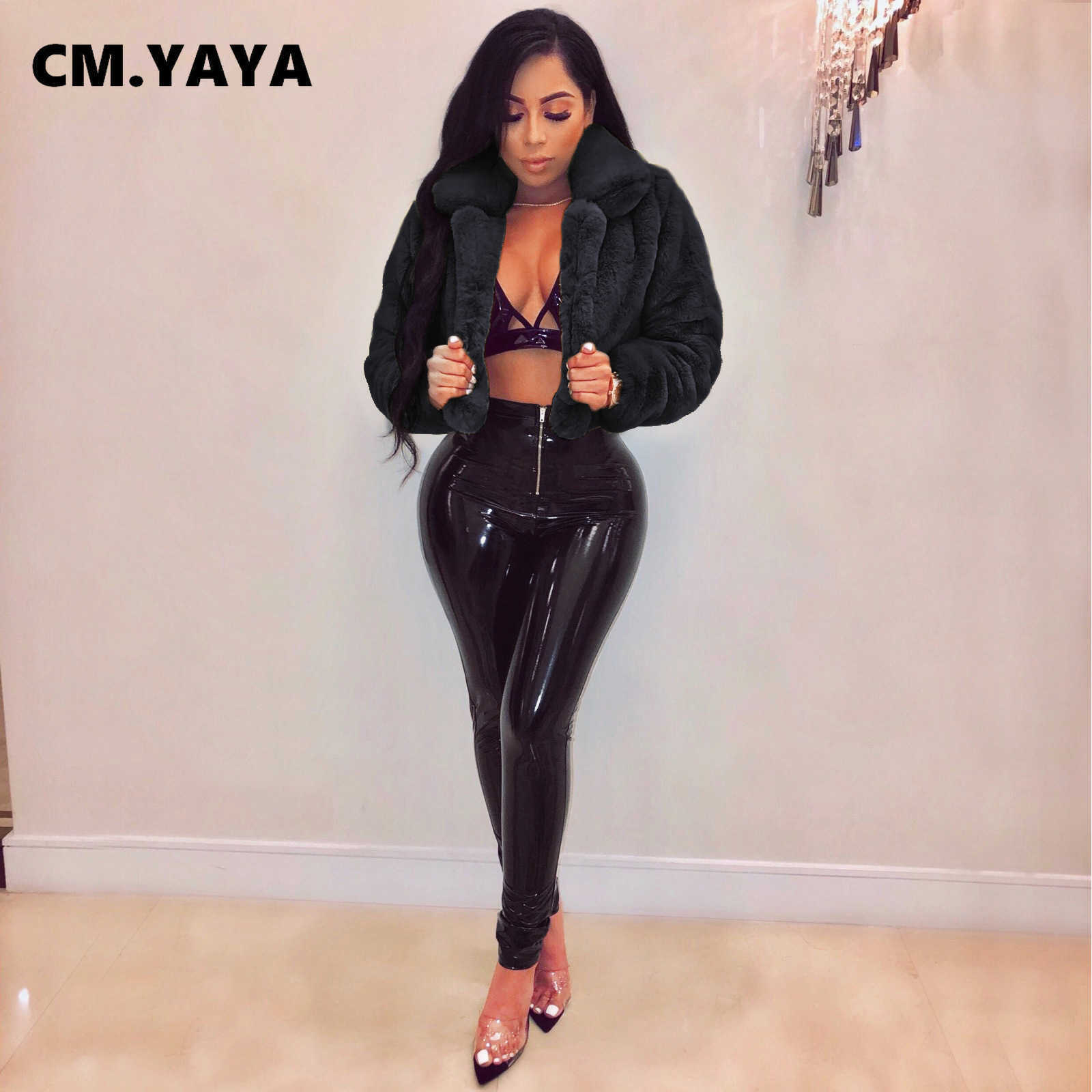 CM.YAYA Winter Women Faux Fur Solid Jackets Streetwear Fashion Long Sleeve Open Stitch Slim Coats 211019