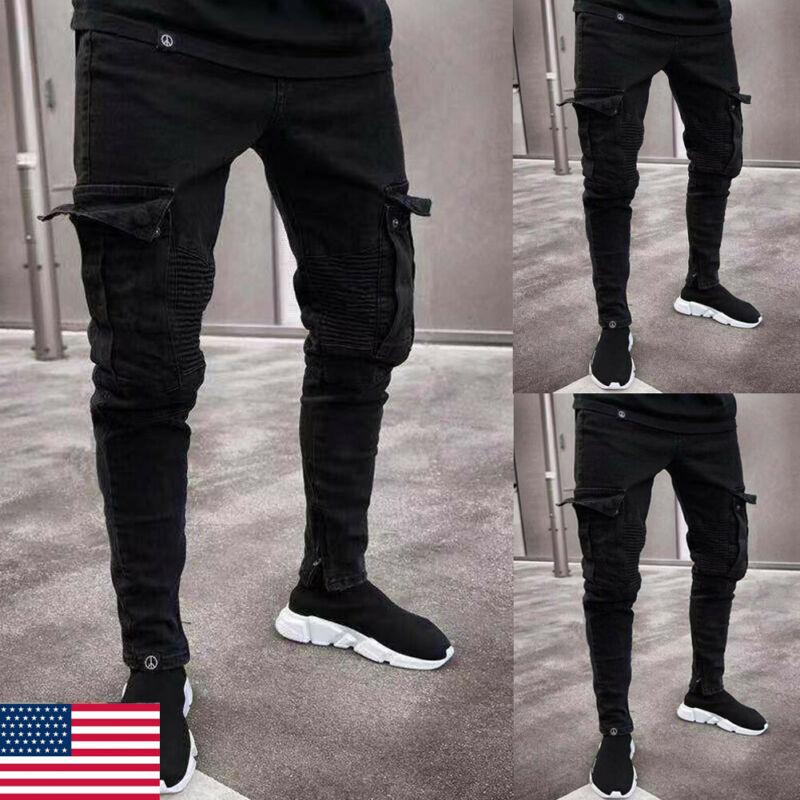 Men's Jeans 2021Fashion Black Jean Men Denim Skinny Biker Destroyed Frayed Slim Fit Pocket Cargo Pencil Pants Plus Size S-3XL Fashion
