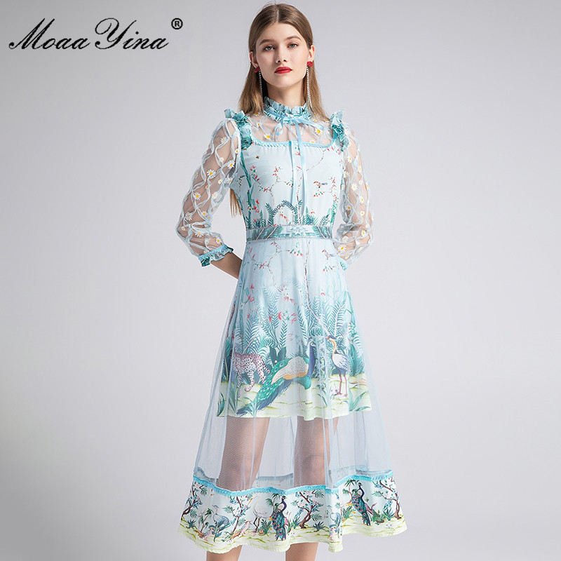 Fashion Designer dress Spring Women's Dress Stand Collar Ruffles Animal Peacock Print Mesh Elegant Dresses 210524, Blue
Fashion Designer dress Spring Women's Dress Stand Collar Ruffles Animal Peacock Print Mesh Elegant Dresses 210524, Blue