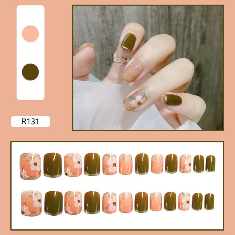 False Nails 24 Pcs Amber Marble Small Floral Design Fake Autumn Flowers Press On Nail Tips Art Tools For Manicure Makeups