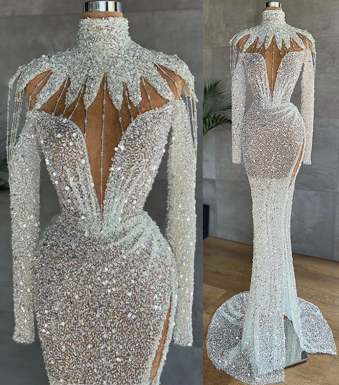 2021 Plus Size Arabic Aso Ebi Luxurious Mermaid Sparkly Prom Dresses Beaded Sequined High Split Evening Formal Party Second Reception Gowns ZJ503