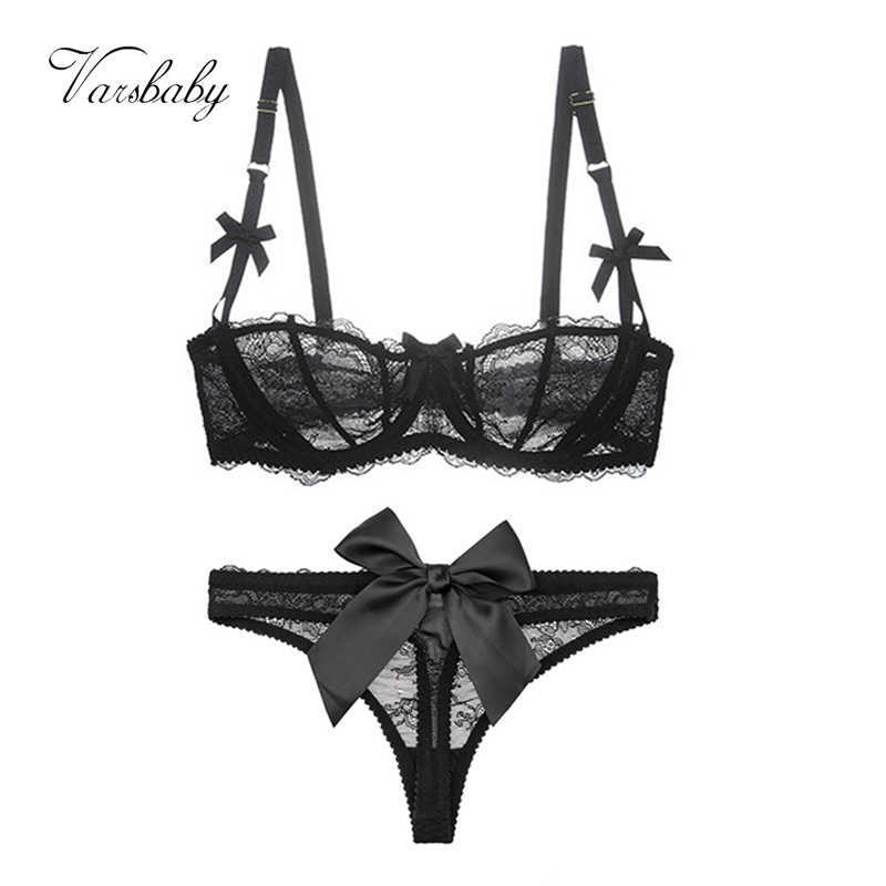 Varsbaby Transparent half Cup Lingerie Set Unlined Bras Bow Thongs Bra Set X0526