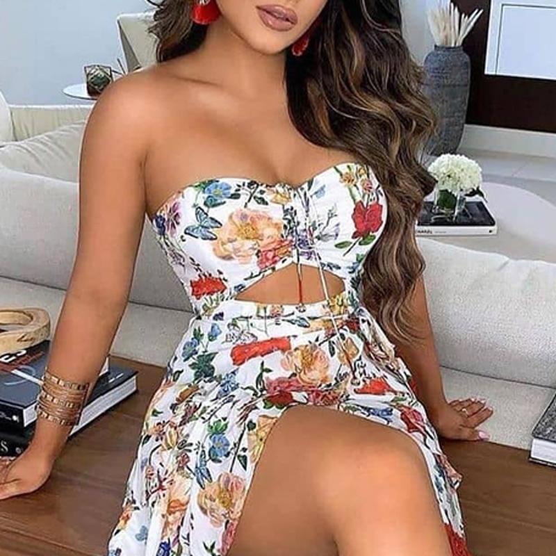 Fashion Women Floral Print High Slit Party Dress Sexy Hollow Out Strapless Beach 2021 Summer Elegant Sleeveless Long Casual Dresses
