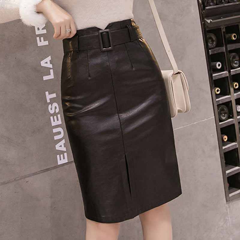 Autumn Winter OL Elegant Pencil Mini Skirts High Waist Black PU Leather Knee-length A-Line with Belt Female 10760 210518