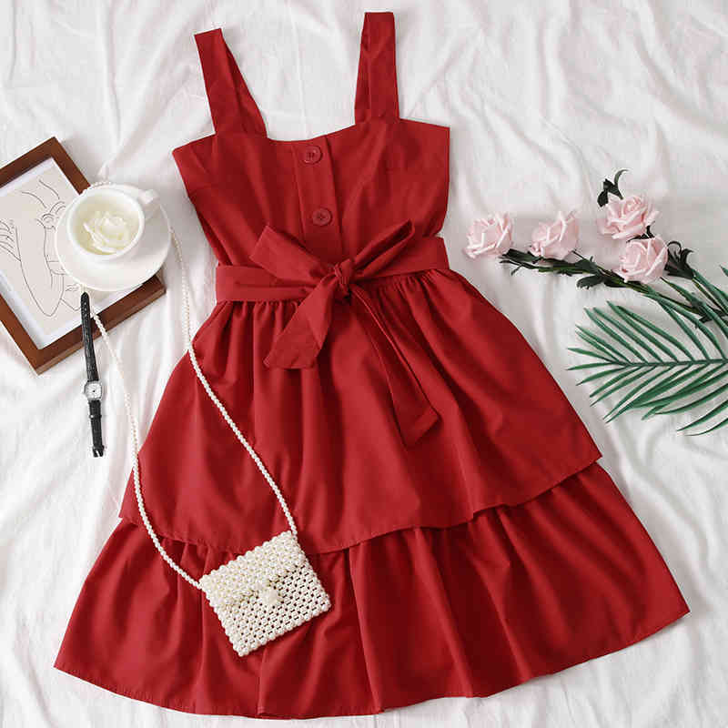 Solid Bow Bandage Sweet Student Women Dress Casual Spring Summer Dresses A-line High Waist Vestidos 210521