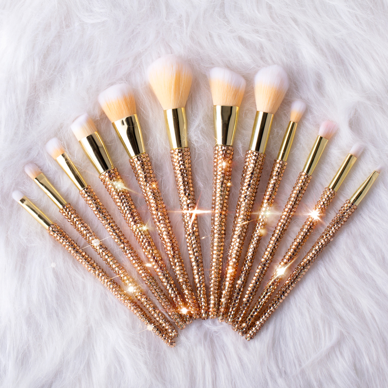 Bling 12Pcs Rhinestone Hair Diamond Glitter With Shiny Handle Makeup Brush Set For Women
