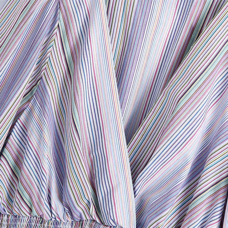 Sweet Women V Neck High Waist Blouse Spring-autumn Fashion Ladies Street Female Shirt Puff Sleeve Stripes 210515