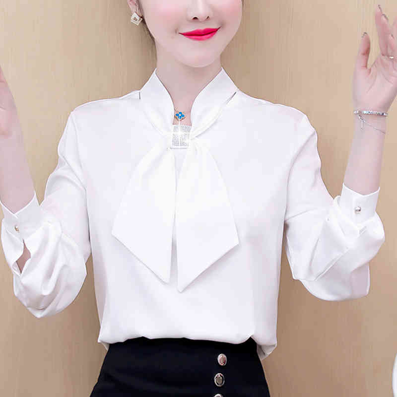 Elegant Women Long Sleeve Blouse Blouses Spring Autumn OL Style Shirt Fashion Rhinestone Ribbon Tops Blusas 10317 210427