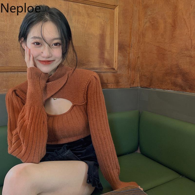 Neploe Sexy Lady Hollow Out Sweaters Half Turtleneck Slim Fit Knitwear Pullovers Korean Temperament All-match Jumper Tops 4G467 210422