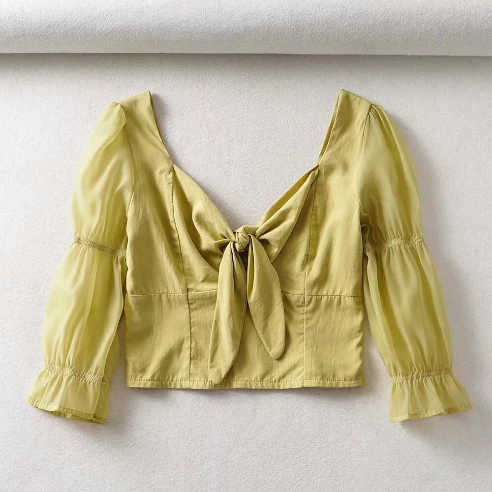 Autumn Vintage Center Tie Bow Bandage Sheep Leg Sleeve Shirt French Fashion Back Elastic Ruched blouse women Tops 210429